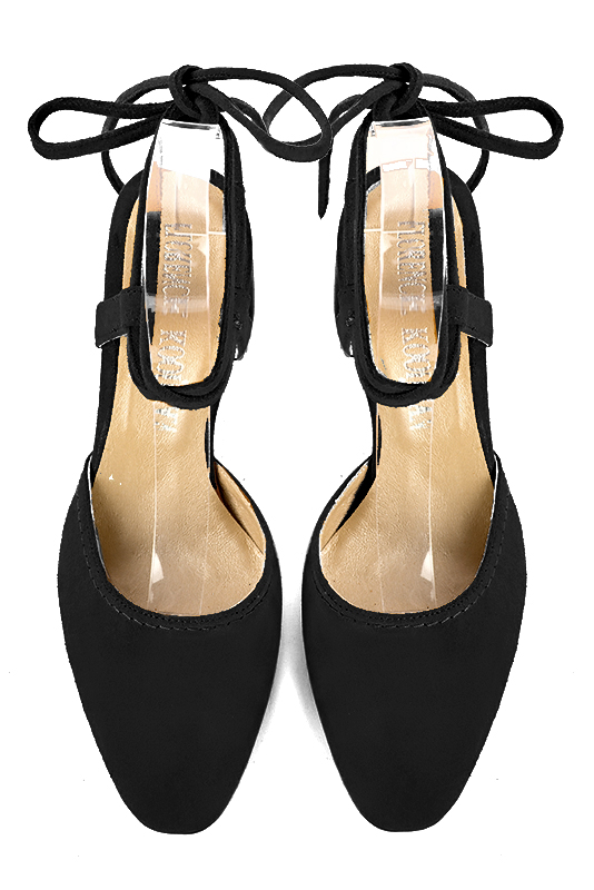 Matt black women's open back shoes, with crossed straps. Round toe. High flare heels. Top view - Florence KOOIJMAN
